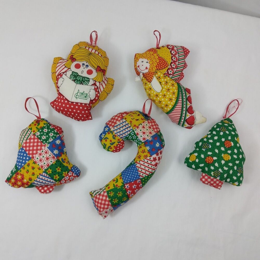 Vintage Christmas Ornaments Soft Stuffed Calico Patchwork lot of 5  1970s